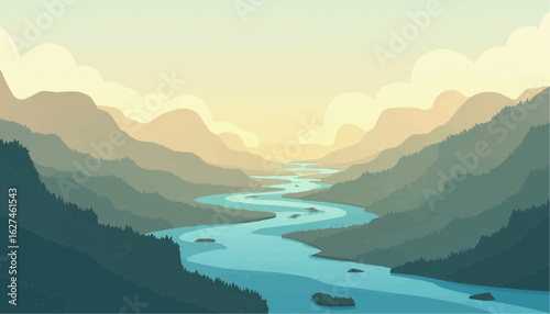 Serene Mountain Landscape with River and Misty Sky in Digital Illustration