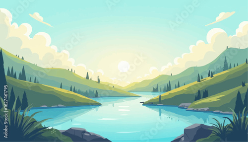 Serene Mountain Landscape with River and Sunny Sky in Digital Illustration
