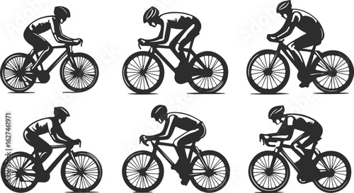 Dynamic silhouettes of cyclists in action showcasing different poses and styles of bicycle riding
