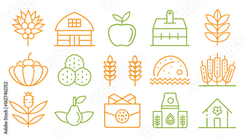 Organic Agriculture Farming and Natural Food Line Icons Set Vector Illustration