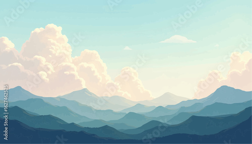 Serene Mountain Landscape with Layered Blue Ranges and Fluffy Clouds in Soft Pastel Colors