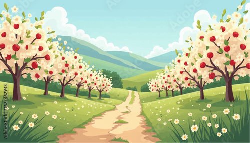 Apple Orchard Pathway Scenic Illustration with Blooming Trees and Green Hills