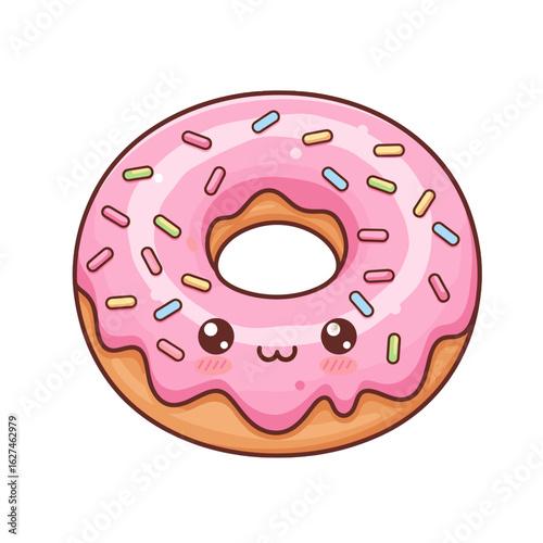 Adorable pink glazed donut with colorful sprinkles and a cute kawaii face, perfect for sweet treat and dessert themed designs and illustrations