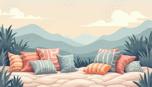 Colorful Pillows on Soft Bed in Nature Setting with Mountains and Vegetation