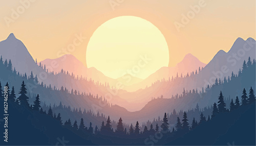 Sunset over Mountain Range with Forest Silhouettes in Soft Pastel Colors