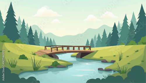 Serene Cartoon Forest Landscape with Stream and Wooden Bridge in Soft Colors
