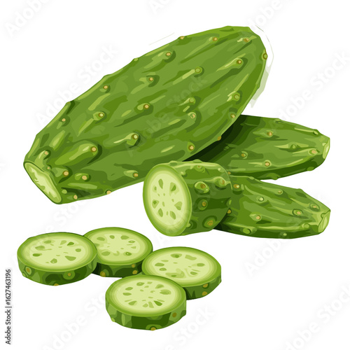Fresh and Vibrant Nopales Cactus Pads and Slices Illustration in Green Tones for Natural Food Concepts and Ingredients