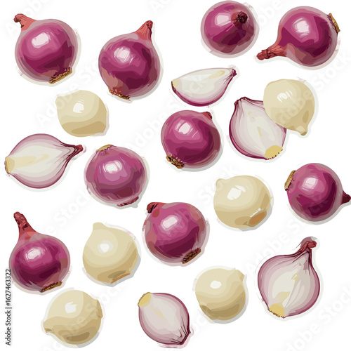 Scattered red and white onions of varying sizes and arrangements creating a visually appealing and organic pattern on white backdrop