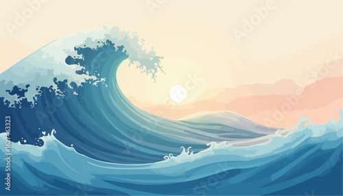 Stylized Ocean Wave with Sunrise in Soft Pastel Colors for Nature and Environmental Themes