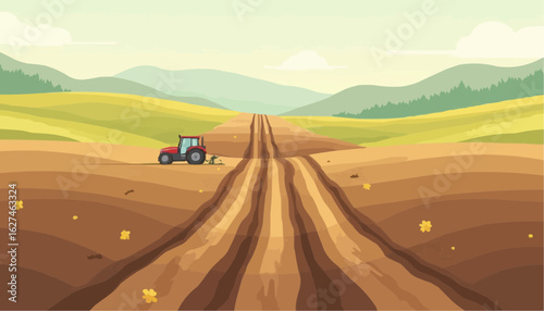 Illustration of Farming Tractor on Plowed Field in Rural Landscape