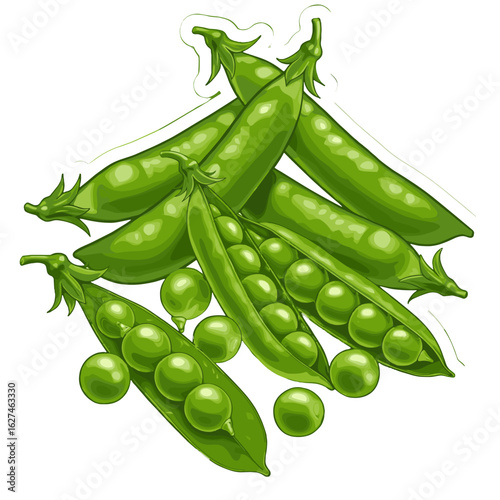 Fresh green peas pile illustration showcases open pods and loose peas, a vibrant vegetarian food ingredient, perfect for healthy eating and culinary designs