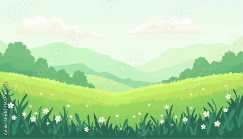 Colorful Cartoon Landscape of Green Hills and Mountains with Flowers and Clouds