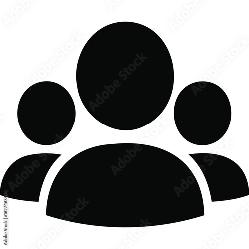 A simple black silhouette illustration depicting a group of three people with circular heads and shoulders