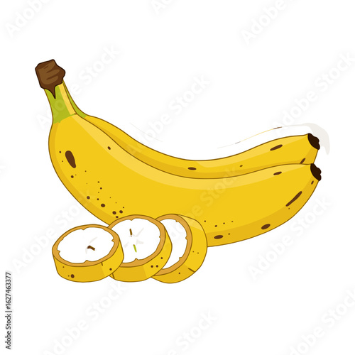 Two Ripe Yellow Bananas with Brown Spots and Slices, a Tropical Fruit Still Life Vector Illustration, Healthy and Delicious