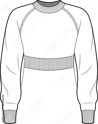 Cad drawing flat vector illustration, cropped sweatshirt sketch, long sleeve design, ribbed cuffs, neckline detail, stitching lines, fashion flat style