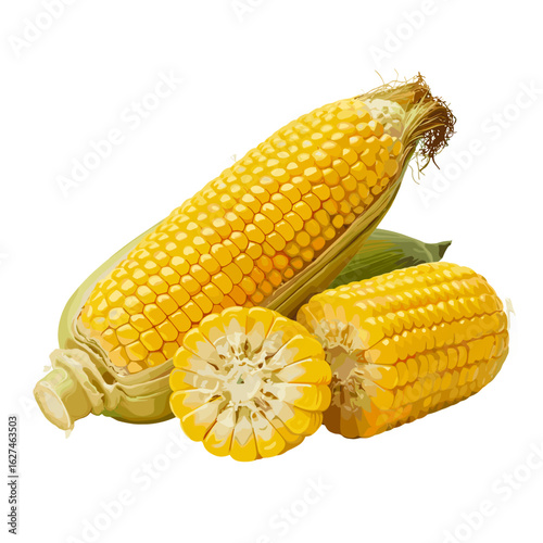 Fresh corn on the cob with husk and cut kernels displays vibrant yellow hues and detailed textures in a still life arrangement