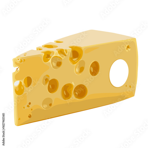 Vector image of a triangular piece of Swiss cheese with various sized holes on a white background for design and illustration purposes