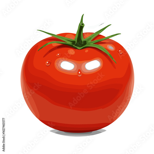 Cartoon tomato with shiny highlights and vibrant green stem, vector illustration for healthy eating and funny food concepts