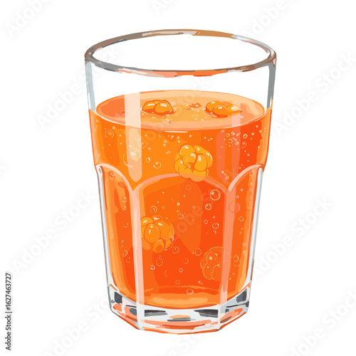 Illustration of a refreshing orange drink with cloudberries in a clear glass, showcasing vibrant colors and bubbly texture for a bright, summery feel