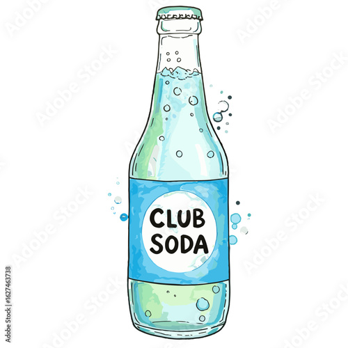 Refreshing club soda in a sleek glass bottle with effervescent bubbles and a vibrant blue label design, perfect for thirst-quenching moments