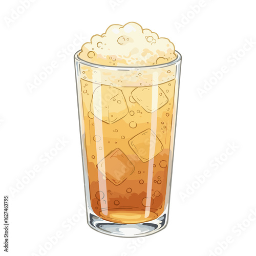 Refreshing iced tea with ice cubes and foam head in a glass illustration, capturing the essence of a cool beverage for summer relaxation