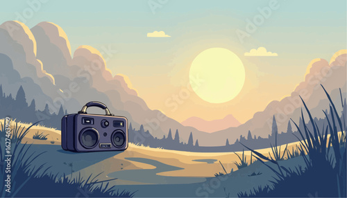 Vintage Portable Radio on Scenic Mountain Landscape During Sunset