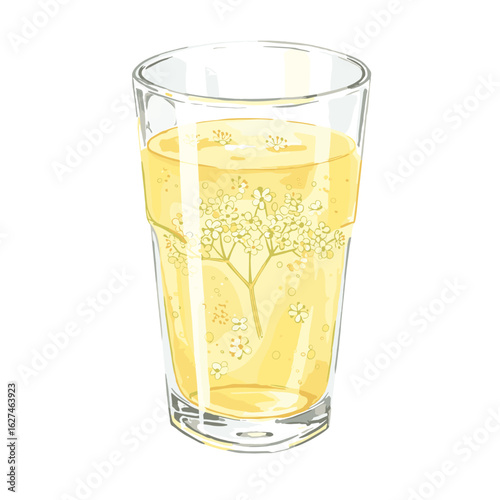 Refreshing elderflower cordial illustration in a glass with detailed floral elements and soft yellow hues, perfect for summer enjoyment
