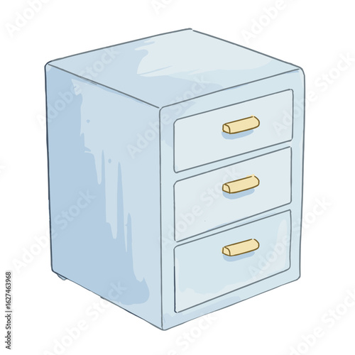Light blue three-drawer cabinet illustration featuring minimalist design and clean lines providing storage solutions and home organization for interior design projects
