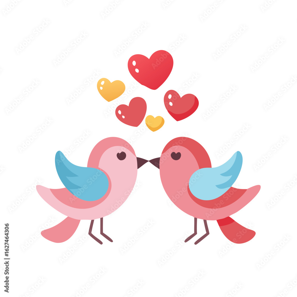 Obraz premium Two kissing birds with hearts in cartoon style