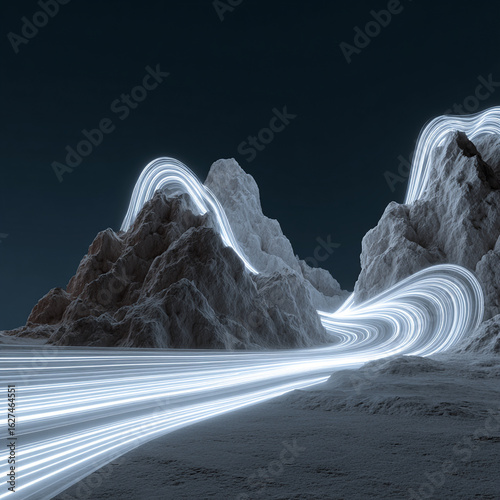 Majestic rocky mountain peaks illuminated by a sleek white neon light trail winding gracefully, abstract glowing mountain with white neon trail