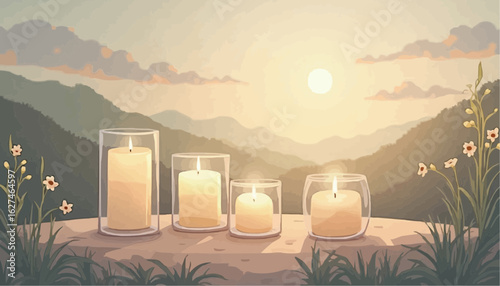 Serene Candle Display in Mountain Landscape at Sunset with Flowers
