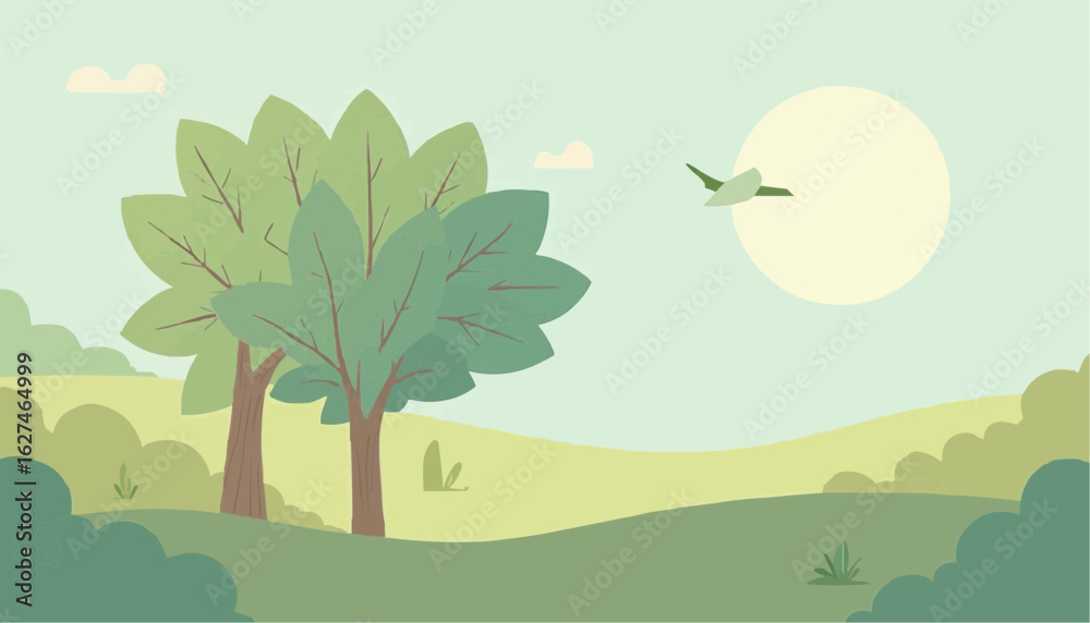 Fototapeta premium Illustration of Green Trees and Flying Bird in Sunny Nature Scene