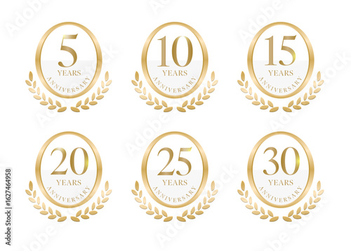 月桂樹とメダルのanniversaryロゴ（5周年,10周年,15周年,20周年,25周年,30周年 白）