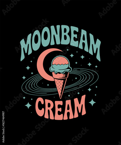 “MOONBEAM CREAM” Cosmic Dessert Design – Ice Cream Cone with Crescent Moon, Stars, and Planet Rings in Teal and Peach on Black Background