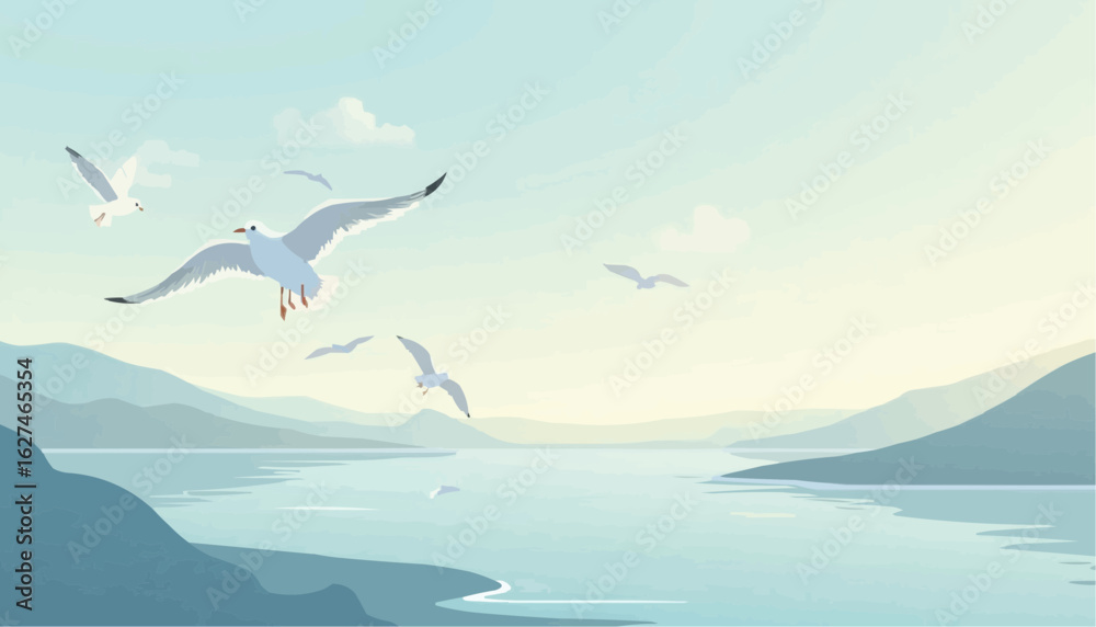 Obraz premium Serene Seascape with Seagulls Flying Over Calm Water and Mountainous Horizon in Soft Pastel Colors