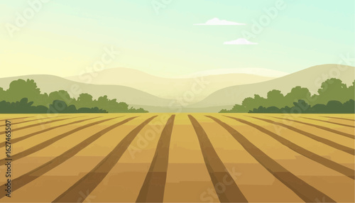 Agricultural Field with Plowed Rows and Green Hills Under a Clear Sky