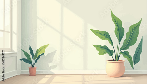 Indoor Green Houseplants in Clay Pots Bright Natural Light Minimalist Wall Decor