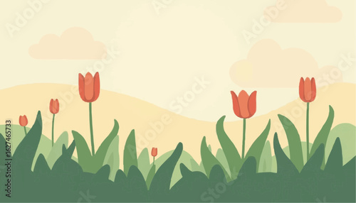 Bright Red Tulips in Green Grass Field Under Soft Pastel Sky