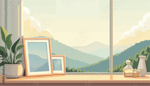 Minimalist Windowsill Decor with Green Plant and Scenic Mountain View