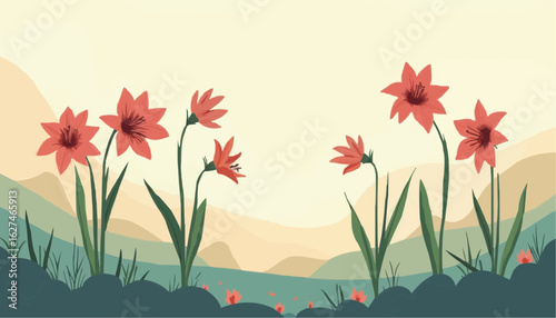 Illustration of Pink Lilies Growing in a Mountain Landscape with Soft Pastel Colors