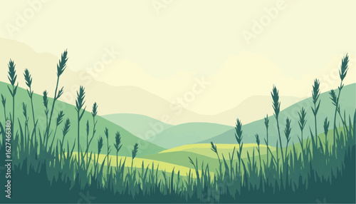 Peaceful Green Landscape with Rolling Hills and Tall Grass in Soft Natural Light