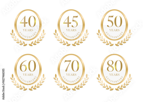 月桂樹とメダルのanniversaryロゴ（40周年, 50周年, 60周年, 70周年, 80周年 白）