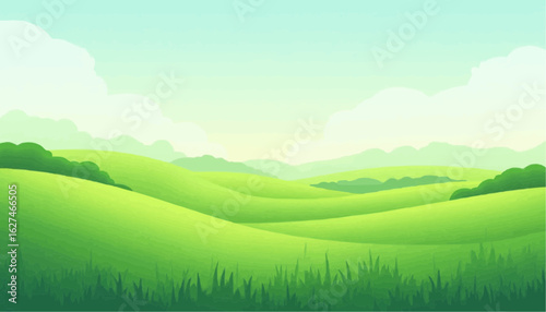 Bright Green Rolling Hills Landscape with Blue Sky and Fluffy Clouds