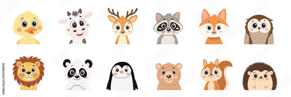Fototapeta premium Collection of Any Animals Portrait in Flat Cartoon Style. Hand Drawn Vector Art.