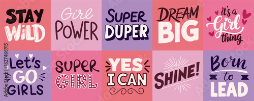 Set of Hand Lettering about Girl Power. Hand Drawn Vector Art.