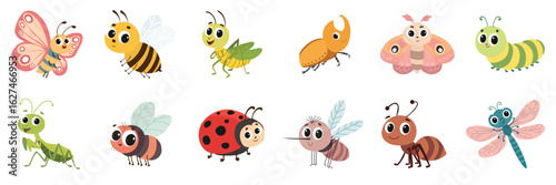 Set of Insects in Cartoon Flat Style. Hand Drawn Vector Art.