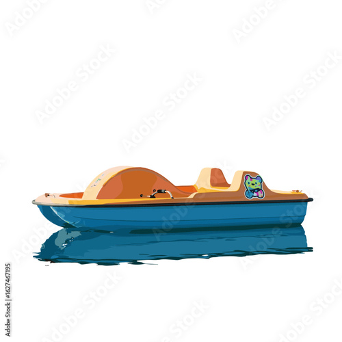 Cartoon pedal boat on water surface with a blue hull, orange seats, and a bear decal offers a fun recreational activity on the lake