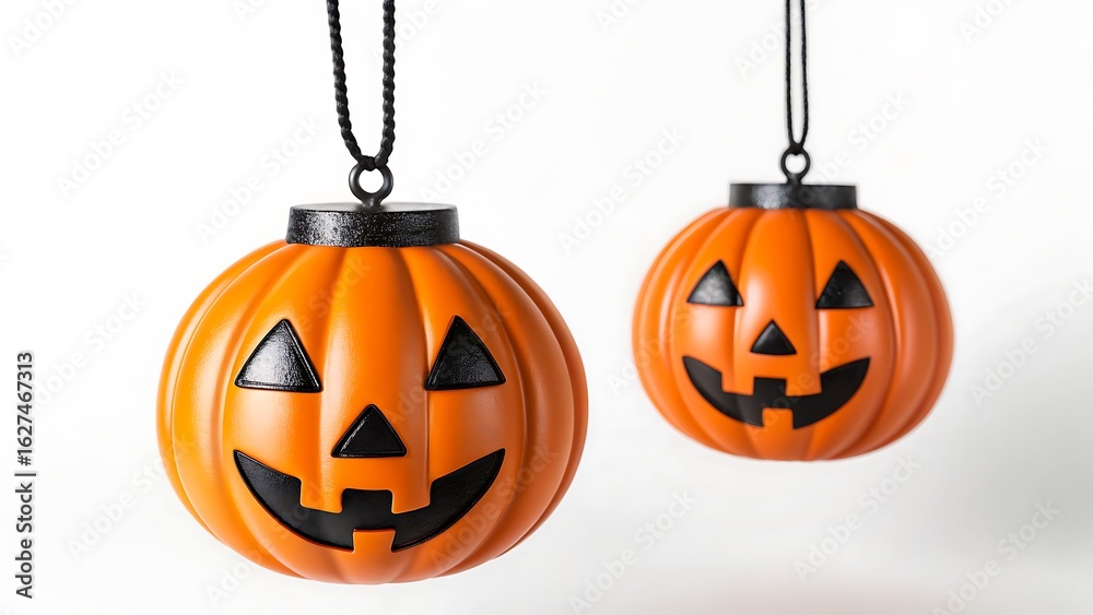 Fototapeta premium Two hanging plastic jack o lantern pumpkins with smiling faces on white background 