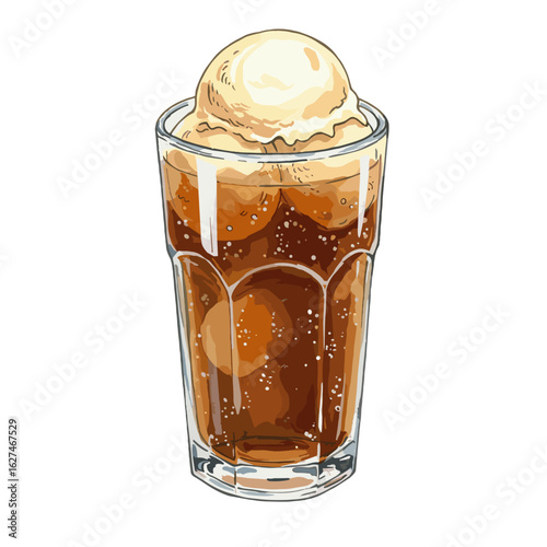 Delicious root beer float illustration with creamy vanilla ice cream in a tall glass, featuring refreshing bubbles and a whimsical design