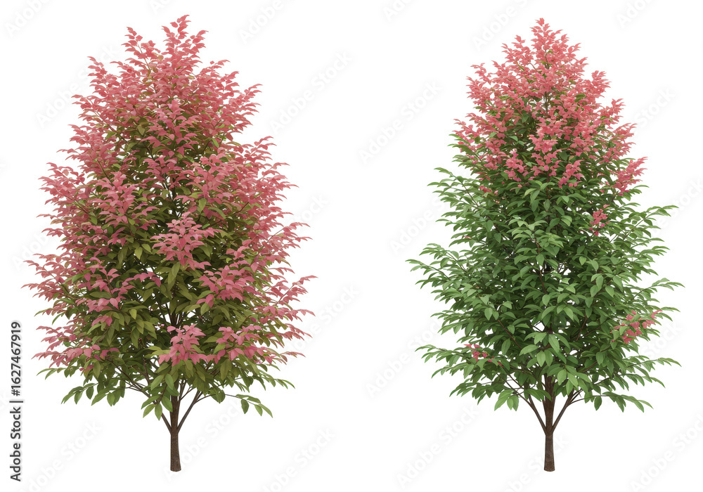 Fototapeta premium Vibrant pink and green trees in a serene garden setting with a clear sky backdrop